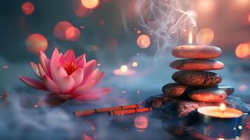 Lotus flower and massage stones with candles creating a tranquil spa scene. Serene setting with flower and warm candlelight. Concept of relaxation, meditation, and spa therapy. Banner. Space for text photo