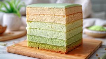 Thai layer cake, colorful Khanom Chan on a plate. Pastel-colored dessert with multiple layers. Concept of Thai sweets, traditional desserts, treats, Asian cuisine photo