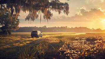 SUV on a foggy road in savannah landscape. Vehicle driving fast in natural setting. Concepts of travel, adventure, off-road, and nature photo
