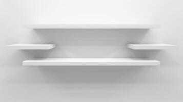 Modern minimalist white wall shelves design. Concept of interior decoration, home organization, clean and simple aesthetic. Copy space. Mockup. Empty Shelves on a White Wall photo