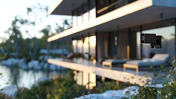 Modern smart security camera monitoring a luxury lakeside house. Concept of home security, smart technology, modern living, surveillance photo