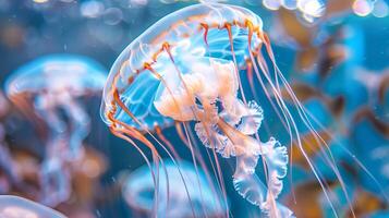 Jellyfish swimming in illuminated underwater with sunbeams. Luminous jellyfish. Concept of ocean depth, marine ecosystem, and light exploration. Medusa photo