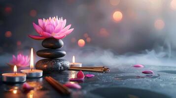 Lotus flower and massage stones with candles creating a tranquil spa scene. Serene setting with flower and warm candlelight. Concept of relaxation, and spa therapy. Banner. Copy space photo