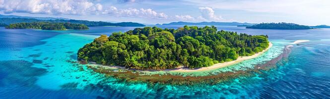 Panoramic aerial view of tropical island with lush green vegetation and turquoise waters. Ideal for travel, nature, tourism, and landscape concepts. Wide banner. Space for text photo
