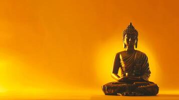 Meditative golden Buddha statue in lotus position on solid yellow background. Buddhist sculpture. Symbol of Buddhism. Concept of Zen, meditation, religion, peace, spiritual awakening. Copy space. photo
