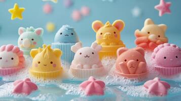 Playful and whimsical bath bombs in star, heart, and animal shapes. Funny and colorful bath accessories for children. Concept of fun, kids hygiene, and cheerful bath products. photo