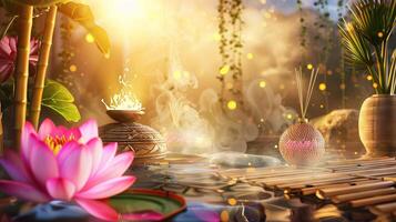 Relaxing Thai spa scene with pink lotus, bamboo, and scent diffusers on water. Peaceful spa setting in a lush water garden. Concept of tranquility, natural wellness, spa atmosphere, rejuvenation. photo