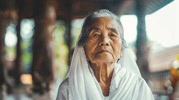 Solemn elderly Asian woman in elegant white dress. Senior Thai lady in temple at ceremony. Concept of religious, spirituality, graceful aging, elegance, and introspection. photo