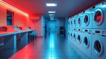 High-tech laundromat featuring sleek machines and neon illumination. Futuristic and efficient laundry space. Concept of modern amenities, public service. photo