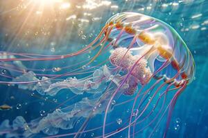 Jellyfish swimming in illuminated underwater with sunbeams. Luminous jellyfish. Concept of ocean depth, marine ecosystem, sea and light exploration. Medusa. photo