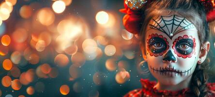 Girl with festive sugar skull face paint on bokeh background. Child with artistic Dia de los Muertos makeup. Concept of Mexican culture, Halloween celebration, and vibrant tradition. Space for text photo