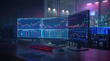 Trading graphs on computer monitors in a high-tech office. Multiple screen trading station with financial data. Concept of market analysis, finance professionals, trading strategies, and fintech photo