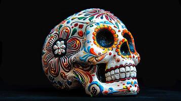 Colorful sugar skull with floral patterns isolated on black background. Vibrant calavera with flower designs. Concept of Day of the Dead, Mexican culture, traditional crafts, Halloween photo