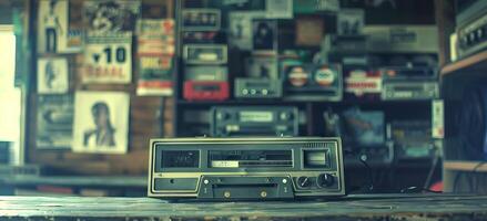 Vintage Radio Cassette Player on Wooden Surface in Retro Setting. Concept of retro cassette tape player, music memorabilia, historical soundtracks, and cultural nostalgia photo