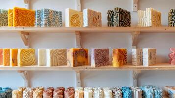 Collection of ornate handmade soaps, each with unique sculptural designs, showcased on minimalist wooden shelves. Artisan soap gallery. Concept of sophisticated grooming products, custom designs photo