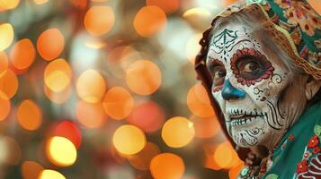 Elderly woman with Dia de los Muertos face paint. Senior lady with sugar skull makeup. Concept of cultural traditions, Day of the Dead, Mexican heritage, celebration, Halloween. Space for text photo