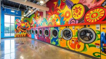 Urban laundry facility adorned with vivid, artistic wall designs and contemporary machines. Colorful interior of a laundromat. Concept of communal services, modern amenities, and lively decorations. photo
