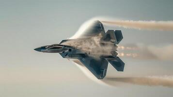 Stealth fighter jet breaking the sound barrier. Supersonic aircraft creating shockwaves. Concept of military aviation, aerospace technology, high-speed flight photo