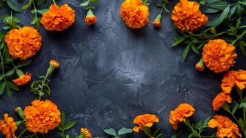 Marigold flowers on dark textured background. Copy space. Concept of floral arrangement, nature beauty, botanical design. Day of the Dead, Dia de los Muertos celebration. Greeting card photo