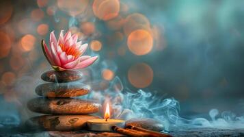 Warm candlelight, lotus flower and massage stones in calm and serene spa environment. Concept of meditation, relaxation, and tranquil wellness. Banner. Copy space photo