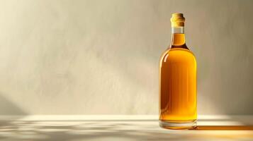 Glass bottle with cork filled with amber liquid on a light background. Beverage container, alcohol, spirits, bottle craftsmanship concept. Mockup. Copy space photo