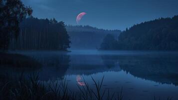 Tranquil lake with forest and red full moon at night. Calm water with trees and crimson moon glowing in the sky. Concept of serenity, nature's beauty, peaceful landscape, night scenery photo