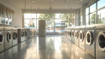 Spacious commercial laundry facility with modern equipment and large windows. Bright, professional laundromat interior. Concept of commercial laundry services, efficiency photo