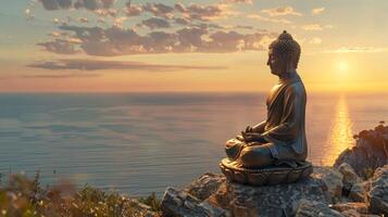 Buddha statue in lotus position in a natural setting. Buddhist sculpture in serene landscape. Concept of Buddhism, Zen, meditation, religion, spiritual awakening. Copy space photo