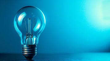 Light bulb on a blue background Concept of innovation, bright ideas, creativity, electrical energy. Copy space photo