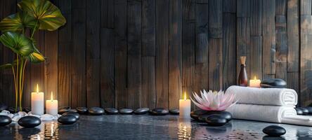 Elegant spa setting with lit candles, flowers, towels, smooth stones. Calming wellness retreat for relaxation. Concept of luxury Thai spa, tranquility, self-care. Wide Banner. Copy space photo