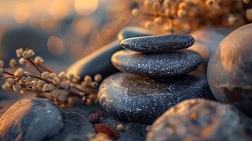 Zen stones balanced with soft golden light and small buds in a tranquil setting. Perfect for themes of meditation and natural harmony. Concept of peace, balance, and soothing environments. photo