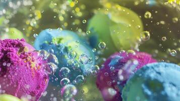 Vivid bath bombs fizzing in water with colorful dyes dispersing. Colorful bath bombs dissolve, bubbles enveloping them. Concept of bathing leisure, spa products, color release, and therapeutic bath. photo