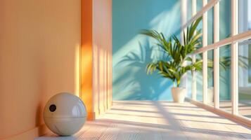 Spherical smart home device near a window in a brightly lit, modern room with a potted plant. Concept of technology, home automation, interior design, contemporary living photo