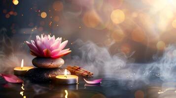 Lotus flower and warm candles with massage stones in a peaceful spa setting. Tranquil spa ambiance with lit candles and stones. Concept of serenity, wellness, and relaxation. Banner. Copy space photo