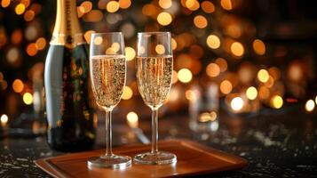 Two glasses of champagne amidst golden glitter and lights. Celebratory toast with bubbly champagne. Concept of festivity, special occasions, New Year's Eve, Christmas. Copy space photo