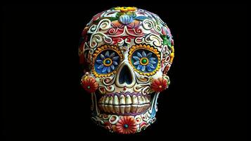 Colorful sugar skull with floral patterns isolated on black background. Vibrant calavera with flower designs. Concept of Day of the Dead, Mexican culture, traditional crafts, Halloween photo