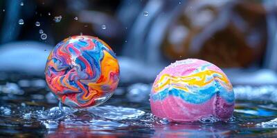 Vivid bath bomb dissolving with energetic splashes in water, producing colorful swirls. Dynamic and artistic depiction of bath time luxury. Concept of vibrant relaxation and soothing bath experience. photo