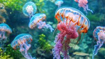 Jellyfish swimming in illuminated underwater with sunbeams. Luminous jellyfish. Concept of ocean depth, marine ecosystem, and light exploration. photo