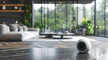 Modern living room with smart security camera on a marble surface. Home surveillance technology. Concept of safety, smart home, interior design, contemporary lifestyle photo