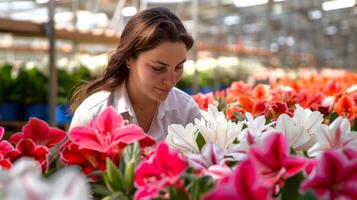 Caucasian woman tending to white roses in a greenhouse. Female gardener working with blooming roses. Concept of horticulture, gardening, floral care, and nature photo