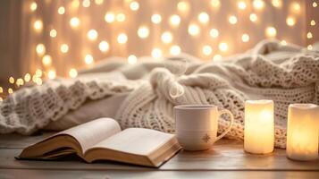 Cozy winter scene with a steaming cup of tea, candles, and a book. Warm ambiance with bokeh lights. Concept of relaxation, comfort, winter, cozy, Christmas photo