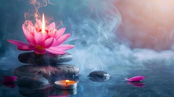 Warm candlelight, lotus flower and massage stones in calm and serene spa environment. Concept of meditation, relaxation therapy, and tranquil wellness. Banner. Space for text photo