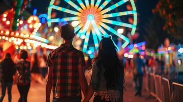 Pareja caminando mediante un festivo noche carnaval con vistoso luces. hombre y mujer en diversión parque. romántico noche, día festivo, festivo atmósfera, noche fuera concepto foto