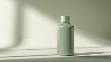 Minimalist green bottle with white cap in sunlit setting. Product, simplicity, design, packaging concept. Mockup. Copy space photo