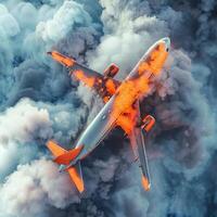 Airplane engulfed in flames descending in cloudy sky. Aircraft on fire falling through the clouds. Concept of aviation accident, emergency situation, danger. Burning plane photo