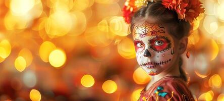 Girl with festive sugar skull face paint on bokeh background. Child with artistic Dia de los Muertos makeup. Concept of Mexican culture, Halloween celebration, and vibrant tradition. Copy space photo