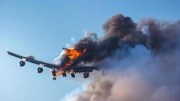 Airplane with engine on fire during flight. Aircraft experiencing inflight engine fire. Concept of aerospace safety, emergency procedures, disaster response photo