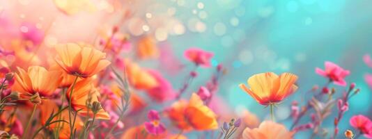 Bright summer floral background with vibrant flowers and bokeh effects. Blooming flowers with dreamy backdrop. Trendy botanical wallpaper. Festive mood. Wide banner. Copy space. Mockup for design photo