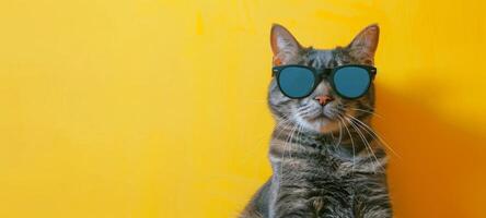 Tabby cat in sunglasses on a yellow backdrop. Cool feline with trendy eyewear. Concept of pet fashion, funny animals, summer, vacation, vibrant colors. Banner. Space for text photo