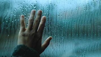 Black and white image of a hand touching a rain-covered